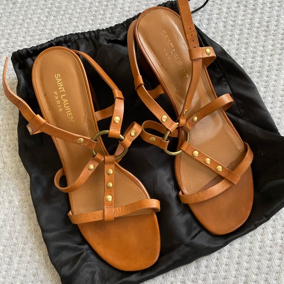 SAINT LAURENT CAMEL TAN STRAP HEEL SANDALS GOLD ACCENTS 40 - Picture 1 of 6